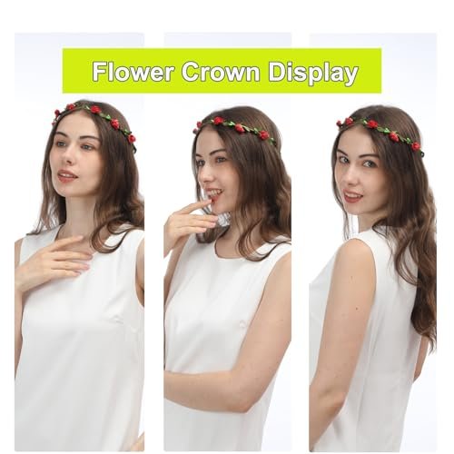 15 Pack Assorted Colored Rose Flower Crown Headband Garland - Multicolor Floral Bohemian Headpieces for Vacation, Fairy, Party, Wedding, Festival Avelisse