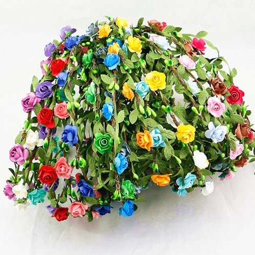 15 Pack Assorted Colored Rose Flower Crown Headband Garland - Multicolor Floral Bohemian Headpieces for Vacation, Fairy, Party, Wedding, Festival Avelisse