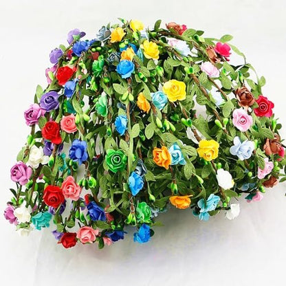 15 Pack Assorted Colored Rose Flower Crown Headband Garland - Multicolor Floral Bohemian Headpieces for Vacation, Fairy, Party, Wedding, Festival Avelisse