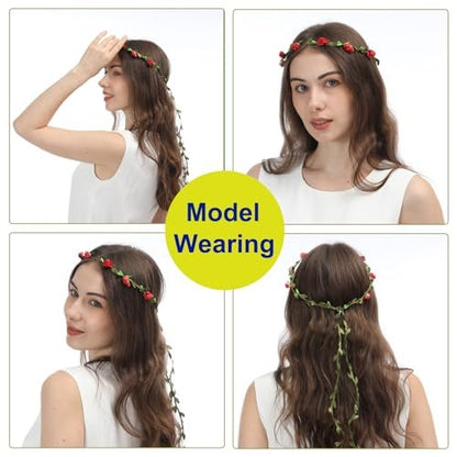 15 Pack Assorted Colored Rose Flower Crown Headband Garland - Multicolor Floral Bohemian Headpieces for Vacation, Fairy, Party, Wedding, Festival Avelisse