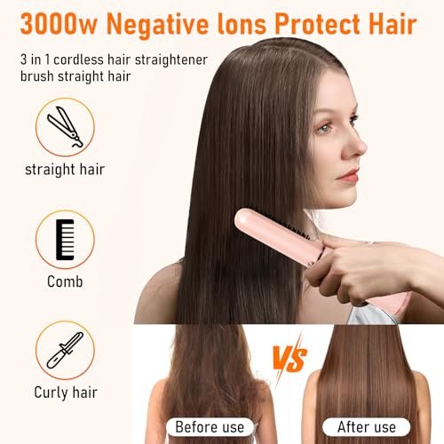 Cordless Hair Straightener Brush - Portable Hot Comb with Negative Ions, USB Rechargeable, Anti-Scald & Auto-Off, 6 Temperature Settings for Women (Pink) - görsel 4
