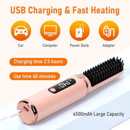 Cordless Hair Straightener Brush - Portable Hot Comb with Negative Ions, USB Rechargeable, Anti-Scald & Auto-Off, 6 Temperature Settings for Women (Pink)
