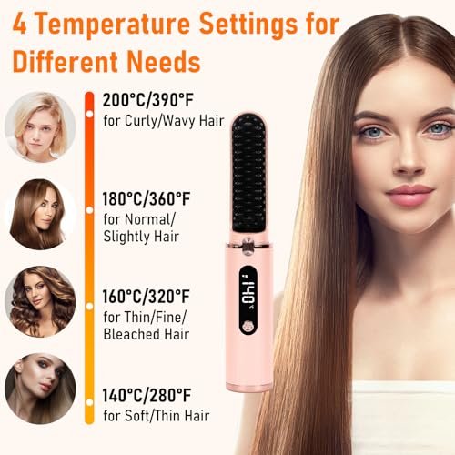 Cordless Hair Straightener Brush - Portable Hot Comb with Negative Ions, USB Rechargeable, Anti-Scald & Auto-Off, 6 Temperature Settings for Women (Pink) - görsel 6