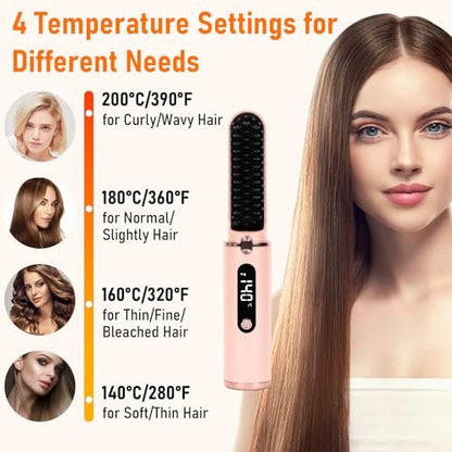 Cordless Hair Straightener Brush - Portable Hot Comb with Negative Ions, USB Rechargeable, Anti-Scald & Auto-Off, 6 Temperature Settings for Women (Pink)