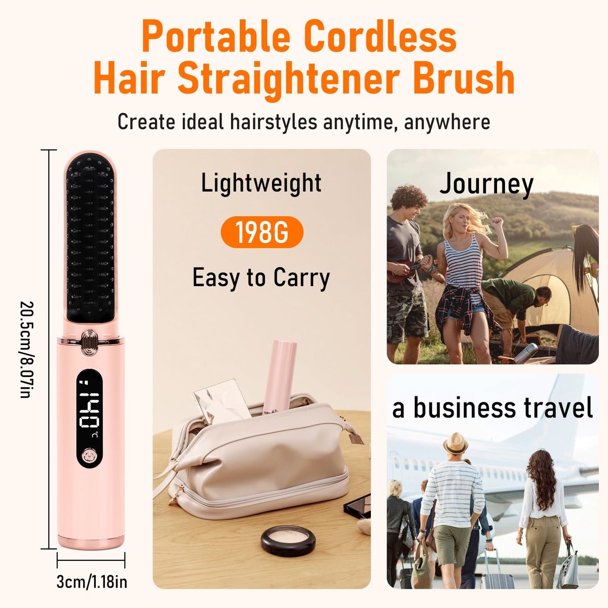 Cordless Hair Straightener Brush - Portable Hot Comb with Negative Ions, USB Rechargeable, Anti-Scald & Auto-Off, 6 Temperature Settings for Women (Pink) - görsel 11