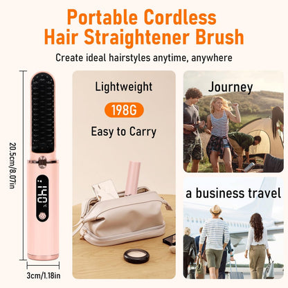 Cordless Hair Straightener Brush - Portable Hot Comb with Negative Ions, USB Rechargeable, Anti-Scald & Auto-Off, 6 Temperature Settings for Women (Pink)