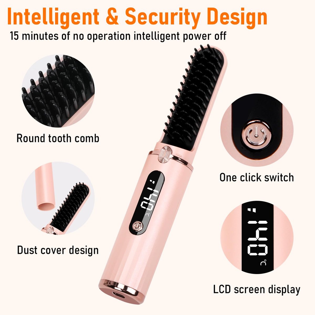 Cordless Hair Straightener Brush - Portable Hot Comb with Negative Ions, USB Rechargeable, Anti-Scald & Auto-Off, 6 Temperature Settings for Women (Pink) - görsel 7