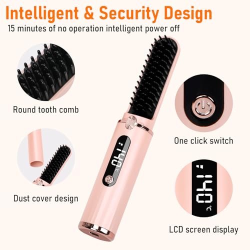 Cordless Hair Straightener Brush - Portable Hot Comb with Negative Ions, USB Rechargeable, Anti-Scald & Auto-Off, 6 Temperature Settings for Women (Pink) - görsel 8