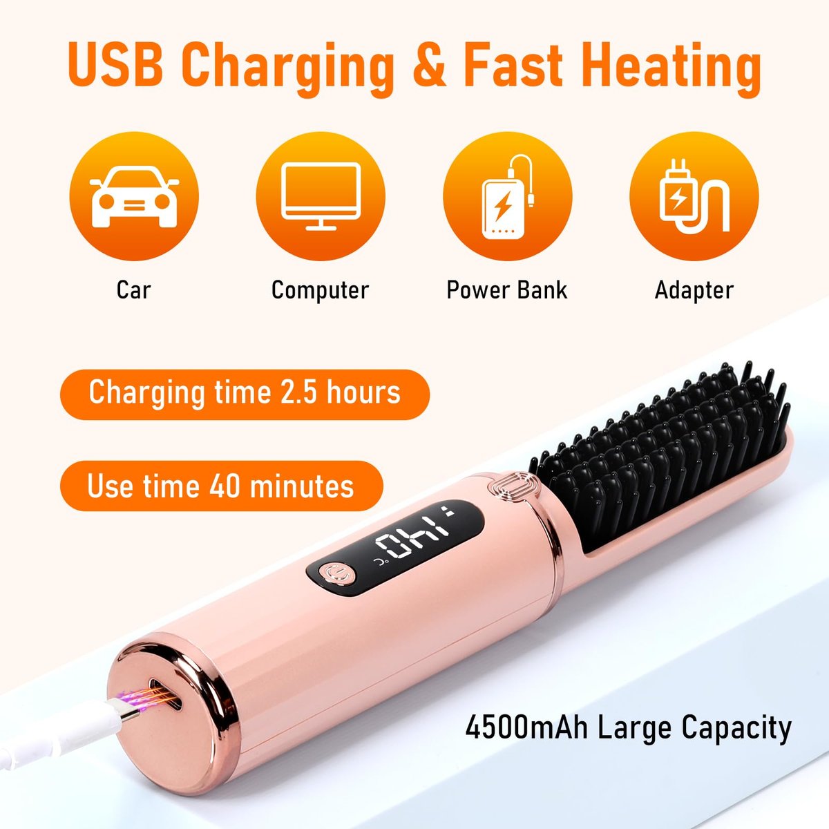 Cordless Hair Straightener Brush - Portable Hot Comb with Negative Ions, USB Rechargeable, Anti-Scald & Auto-Off, 6 Temperature Settings for Women (Pink) - görsel 9