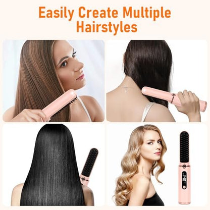 Cordless Hair Straightener Brush - Portable Hot Comb with Negative Ions, USB Rechargeable, Anti-Scald & Auto-Off, 6 Temperature Settings for Women (Pink)