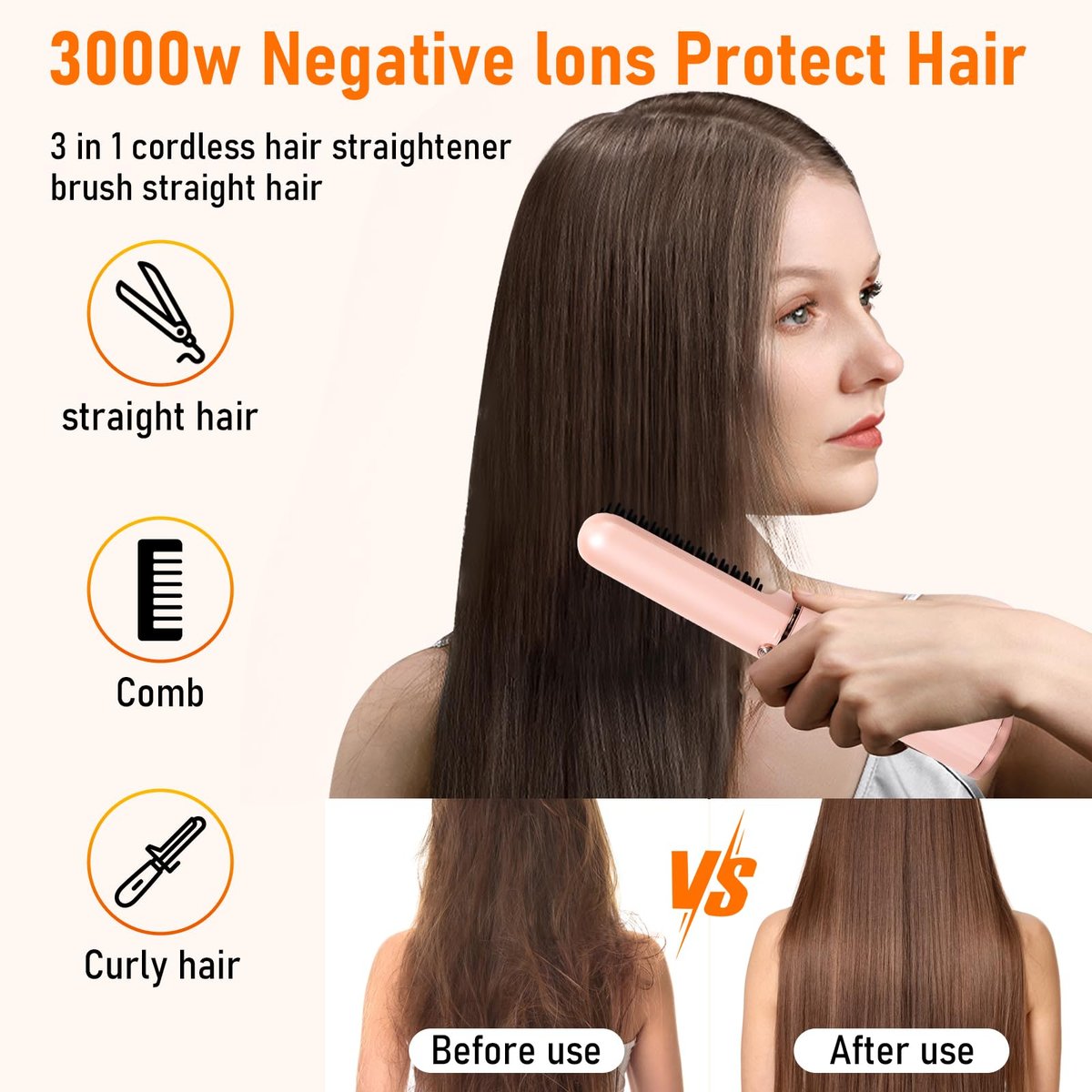 Cordless Hair Straightener Brush - Portable Hot Comb with Negative Ions, USB Rechargeable, Anti-Scald & Auto-Off, 6 Temperature Settings for Women (Pink) - görsel 3