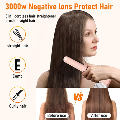 Cordless Hair Straightener Brush - Portable Hot Comb with Negative Ions, USB Rechargeable, Anti-Scald & Auto-Off, 6 Temperature Settings for Women (Pink)