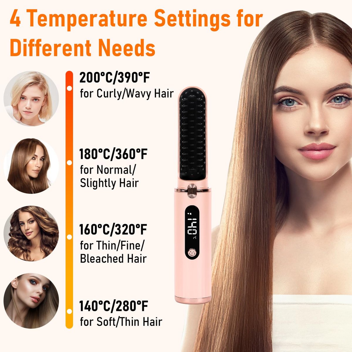 Cordless Hair Straightener Brush - Portable Hot Comb with Negative Ions, USB Rechargeable, Anti-Scald & Auto-Off, 6 Temperature Settings for Women (Pink) - görsel 5