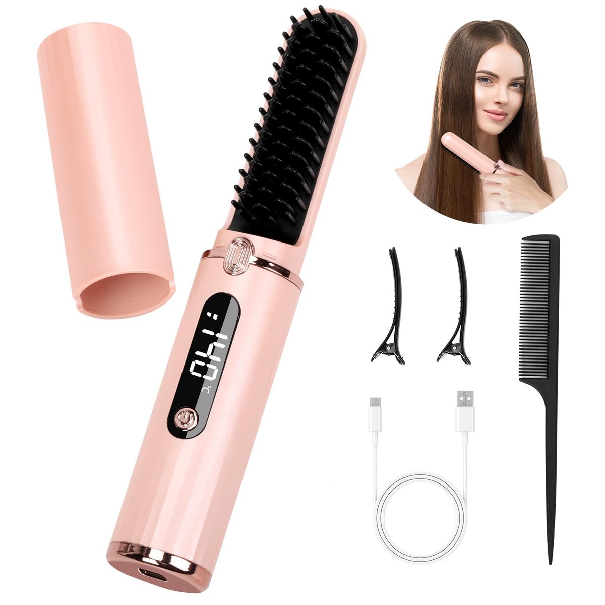 Cordless Hair Straightener Brush - Portable Hot Comb with Negative Ions, USB Rechargeable, Anti-Scald & Auto-Off, 6 Temperature Settings for Women (Pink) - görsel 1