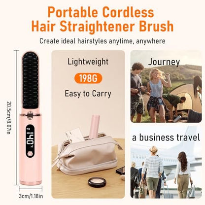 Cordless Hair Straightener Brush - Portable Hot Comb with Negative Ions, USB Rechargeable, Anti-Scald & Auto-Off, 6 Temperature Settings for Women (Pink)