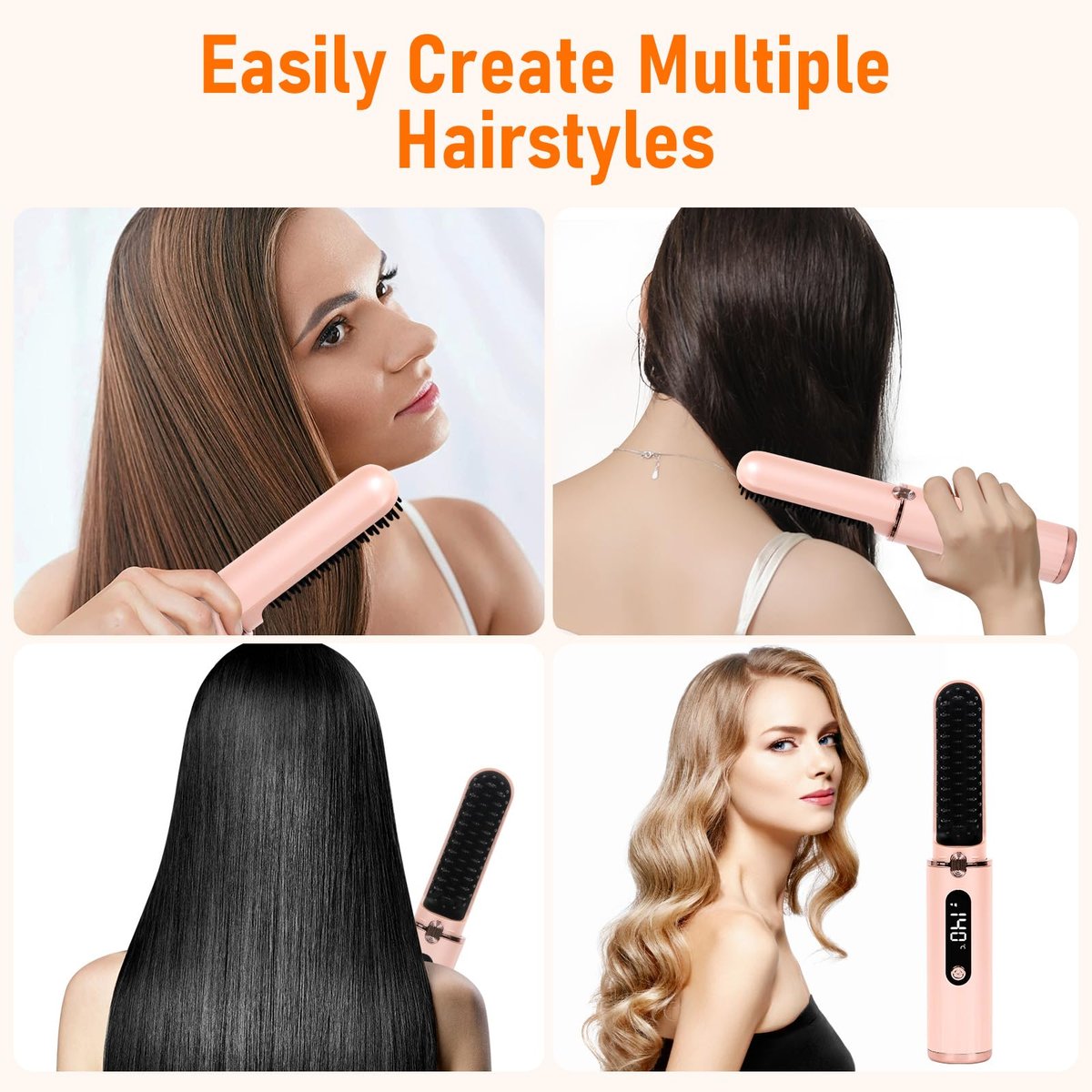 Cordless Hair Straightener Brush - Portable Hot Comb with Negative Ions, USB Rechargeable, Anti-Scald & Auto-Off, 6 Temperature Settings for Women (Pink) - görsel 13