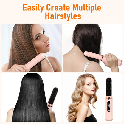 Cordless Hair Straightener Brush - Portable Hot Comb with Negative Ions, USB Rechargeable, Anti-Scald & Auto-Off, 6 Temperature Settings for Women (Pink)