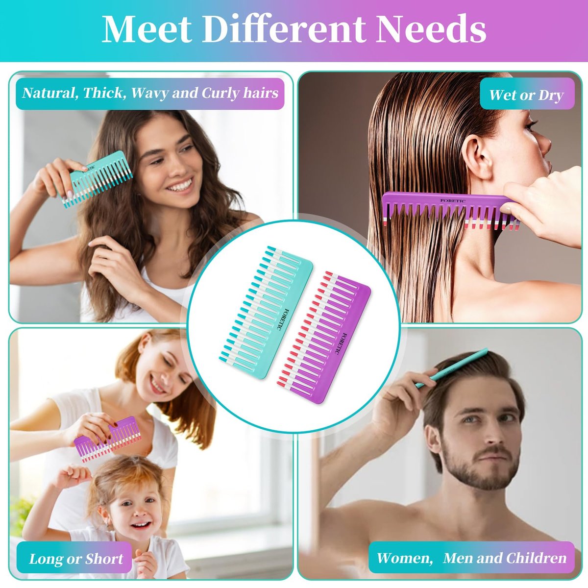 Foretic 2-Pack Wide-Tooth Anti-Static Comb Set – 6.1-Inch Handle-Free Design for Curly, Wet & Dry Hair, Portable Travel Detangling Comb (Purple + Blue) - görsel 11