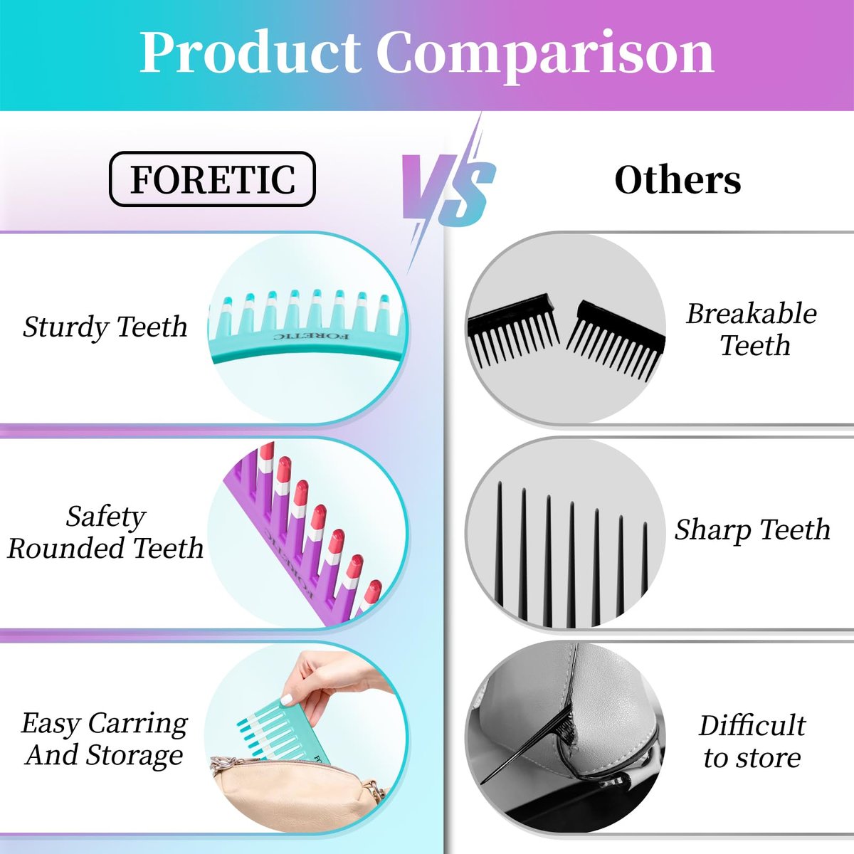Foretic 2-Pack Wide-Tooth Anti-Static Comb Set – 6.1-Inch Handle-Free Design for Curly, Wet & Dry Hair, Portable Travel Detangling Comb (Purple + Blue) - görsel 7