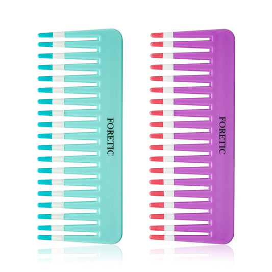 Foretic 2-Pack Wide-Tooth Anti-Static Comb Set – 6.1-Inch Handle-Free Design for Curly, Wet & Dry Hair, Portable Travel Detangling Comb (Purple + Blue)