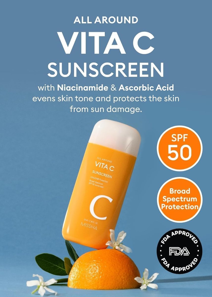 MISSHA All Around Vita C Sunscreen SPF 50 - Korean Sunscreen for Face with Vitamin C, Lightweight, Non-Sticky, Sebum Control (2.36 Fl Oz) Avelisse