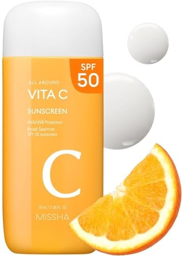 MISSHA All Around Vita C Sunscreen SPF 50 - Korean Sunscreen for Face with Vitamin C, Lightweight, Non-Sticky, Sebum Control (2.36 Fl Oz) Avelisse