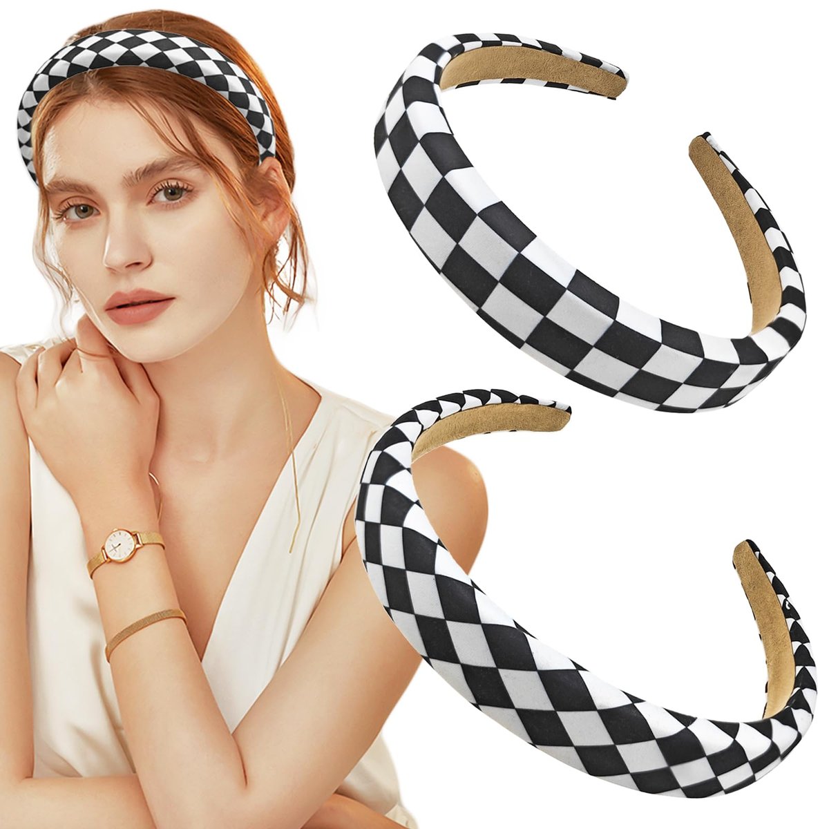 Capiant 2-Pack Checkerboard Headbands - Black and White Checkered Padded Headband, Sponge Puffy Headband for Women, Christmas Party Hair Accessories - görsel 1