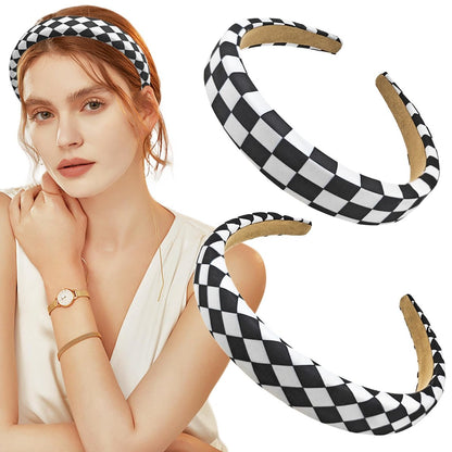 Capiant 2-Pack Checkerboard Headbands - Black and White Checkered Padded Headband, Sponge Puffy Headband for Women, Christmas Party Hair Accessories