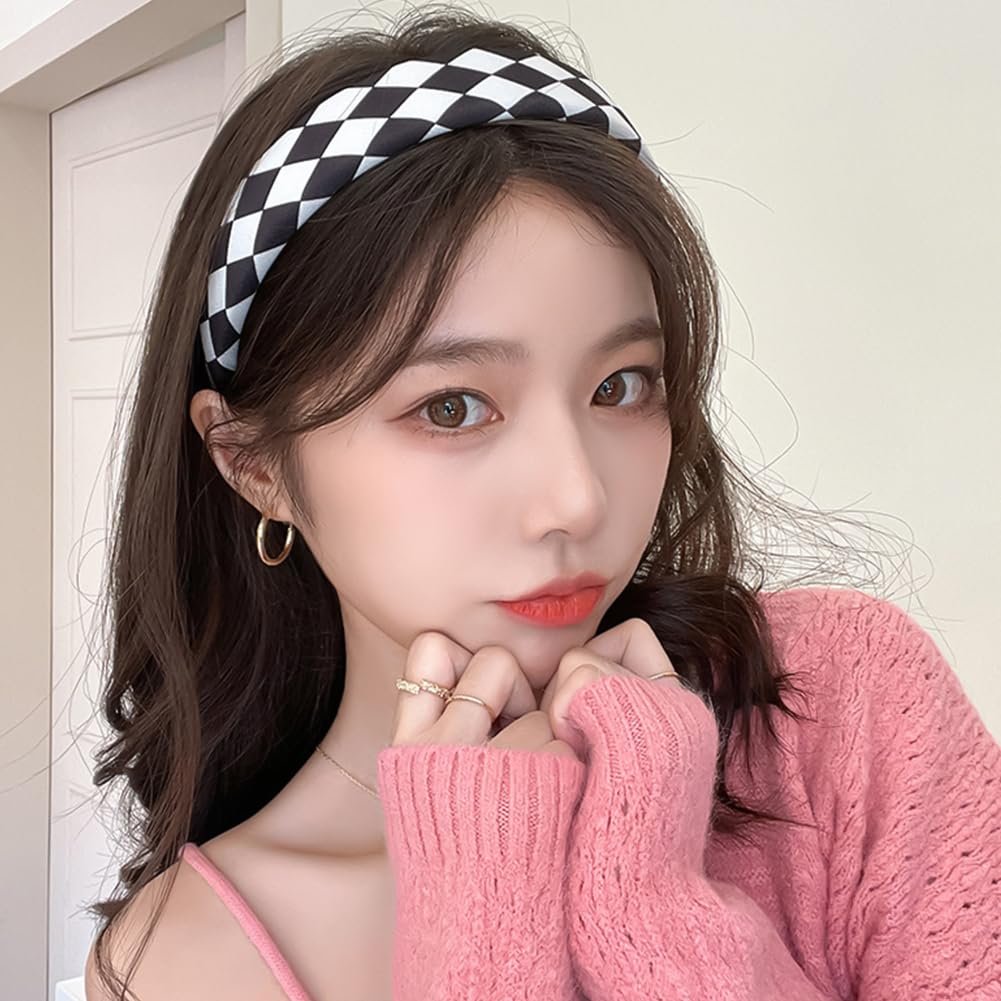 Capiant 2-Pack Checkerboard Headbands - Black and White Checkered Padded Headband, Sponge Puffy Headband for Women, Christmas Party Hair Accessories - görsel 7