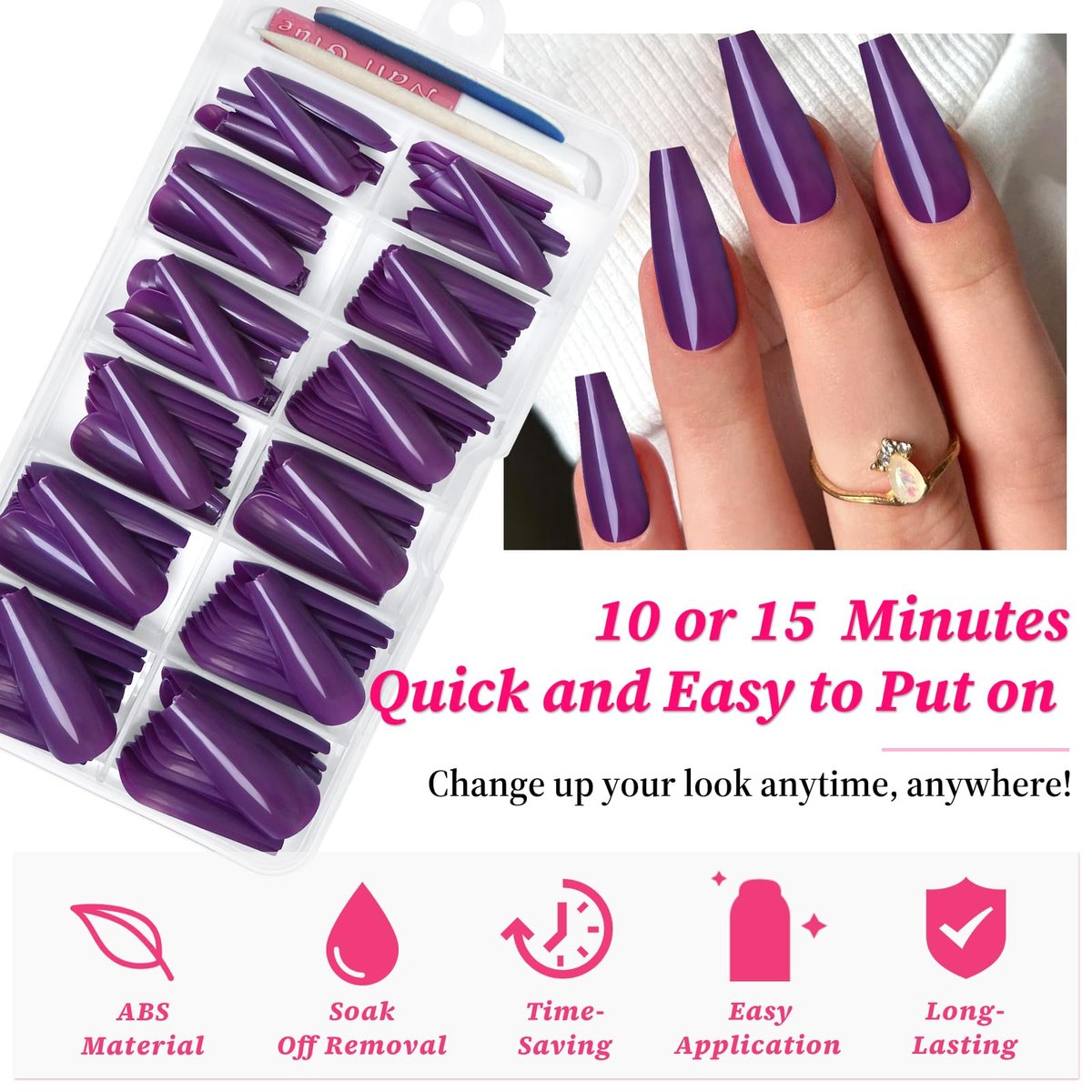 Lifextol 120PC Purple Coffin Press on Nails - Long Fake Nails with Glue & Adhesive Tabs, 12 Sizes Acrylic Nails Tips - görsel 5