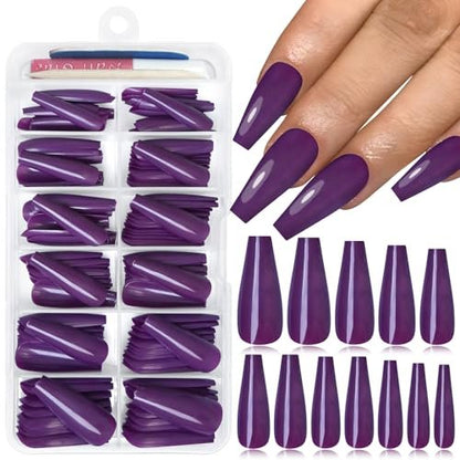Lifextol 120PC Purple Coffin Press on Nails - Long Fake Nails with Glue & Adhesive Tabs, 12 Sizes Acrylic Nails Tips