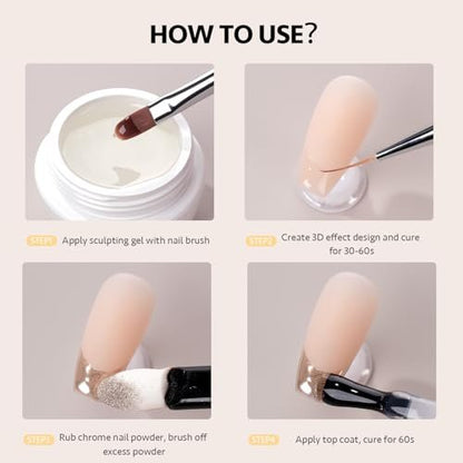 GAOY 3D Sculpting Gel for Nail Art - Semi-Solid Modeling Gel, No Wipe, Clear - for Chrome Powder, Rhinestones & Painting