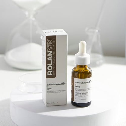 ROLANYIN Caffeine Solution 5% + EGCG Eye Serum – Puffiness Reduction, Dark Circle Treatment, Hydrating, Firming & Soothing Anti-Aging Eye Care (1 Fl Oz)