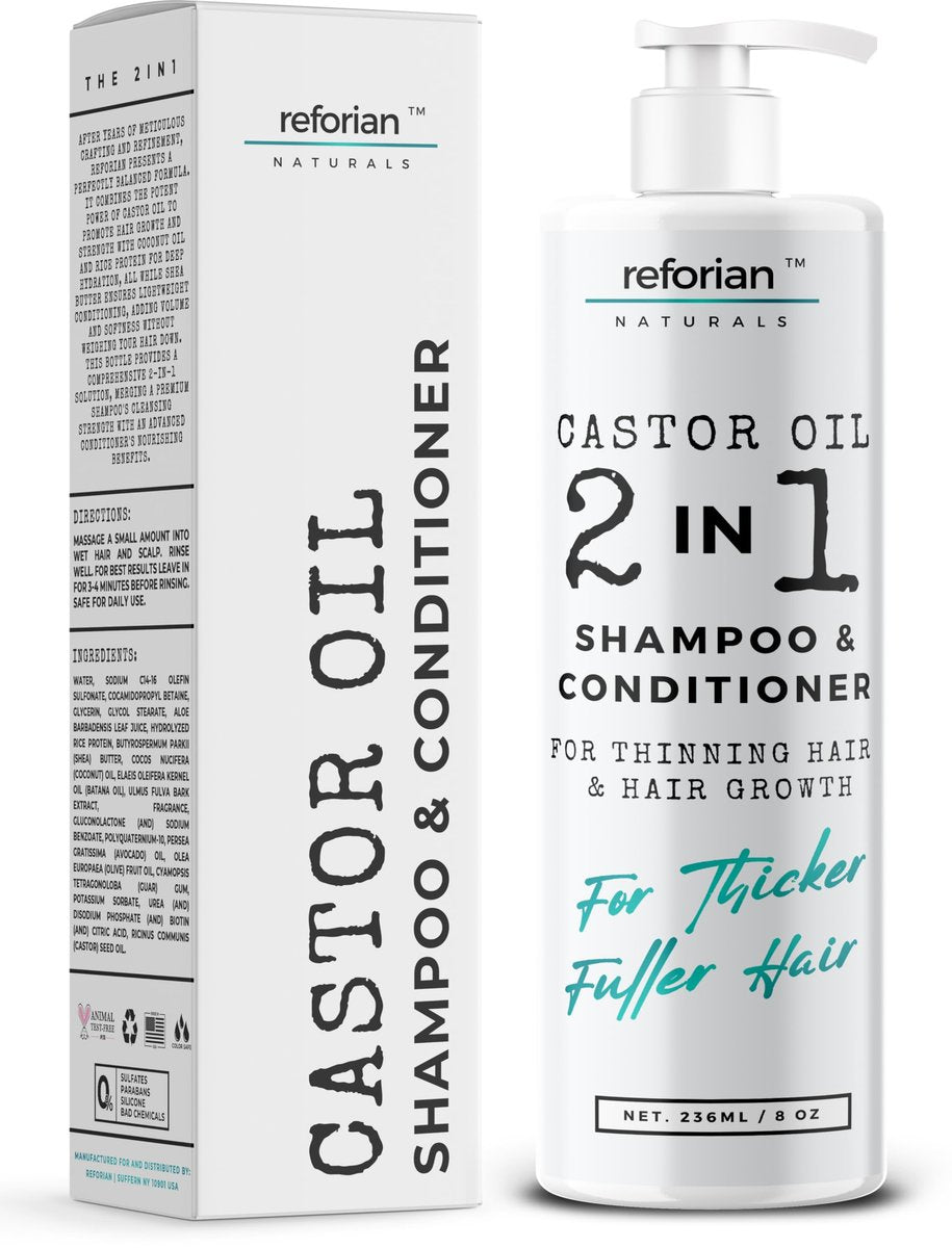 Reforian Castor Oil Shampoo and Conditioner for Hair Growth & Strength – 2 in 1 Set for Men & Women – Sulfate-Free Formula for Thinning, Dry or Color-Treated Hair, 8oz Avelisse