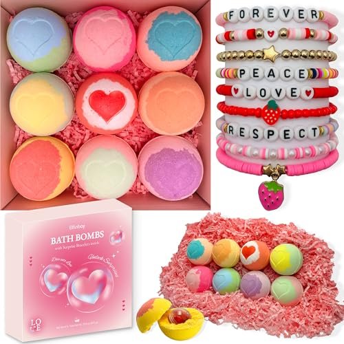 Bath Bombs for Kids with Surprise Inside - 9 Heart Imprint Bath Bombs with Bracelets for Girls, Toddler Bath Bombs for Ages 3-8, Birthday Gifts, Christmas Stocking Stuffers Avelisse