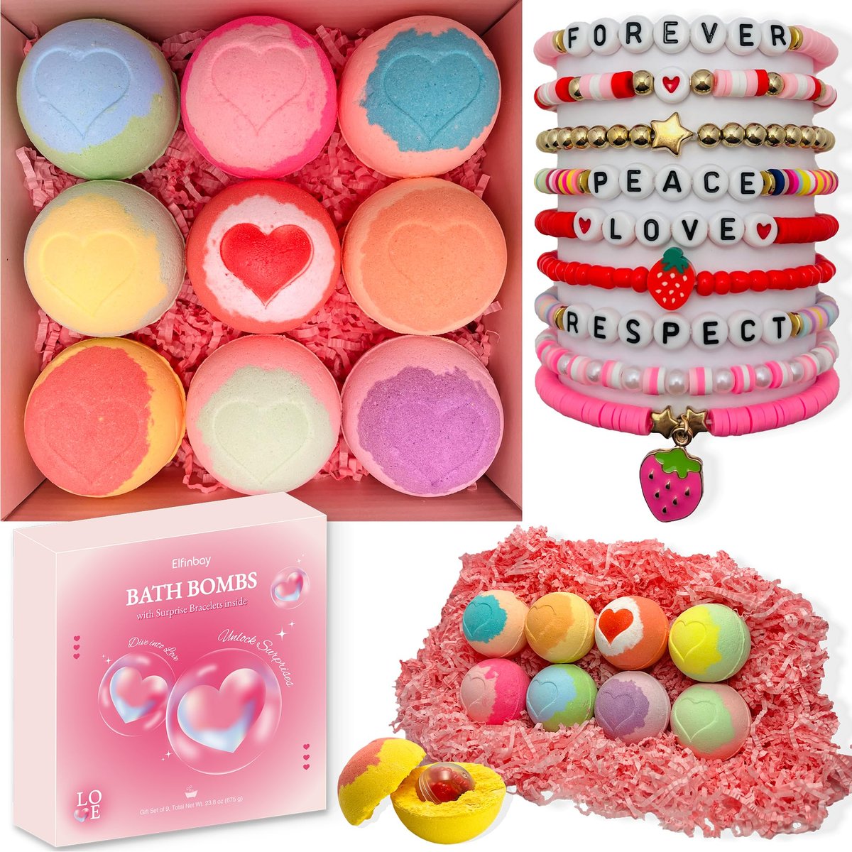 Bath Bombs for Kids with Surprise Inside - 9 Heart Imprint Bath Bombs with Bracelets for Girls, Toddler Bath Bombs for Ages 3-8, Birthday Gifts, Christmas Stocking Stuffers Avelisse