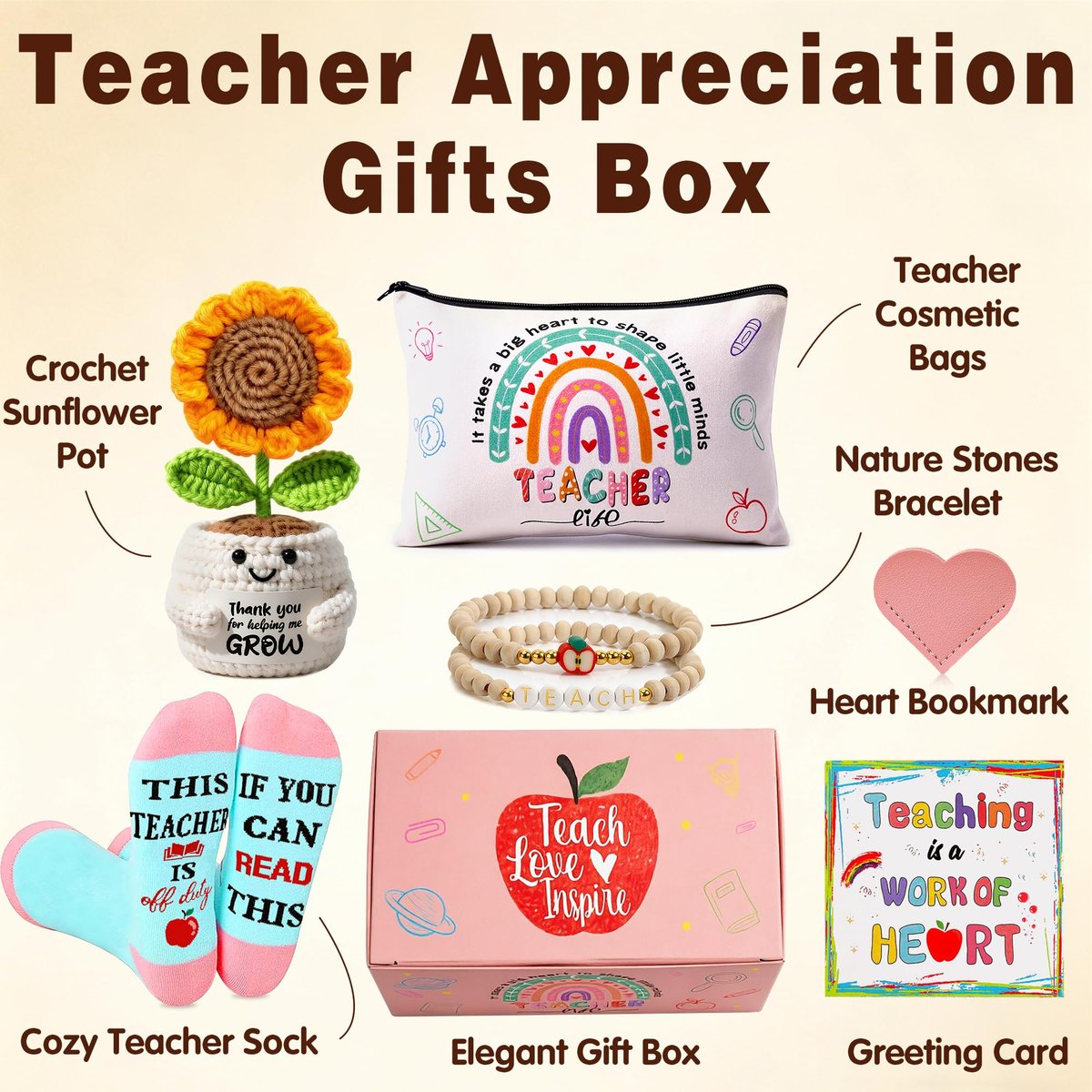 U-Goforst Teacher Appreciation Gifts for Women - 6 Piece Set with Makeup Bag, Crochet Sunflower Bookmark, Bracelet, Socks, and More Avelisse