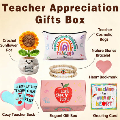 U-Goforst Teacher Appreciation Gifts for Women - 6 Piece Set with Makeup Bag, Crochet Sunflower Bookmark, Bracelet, Socks, and More Avelisse