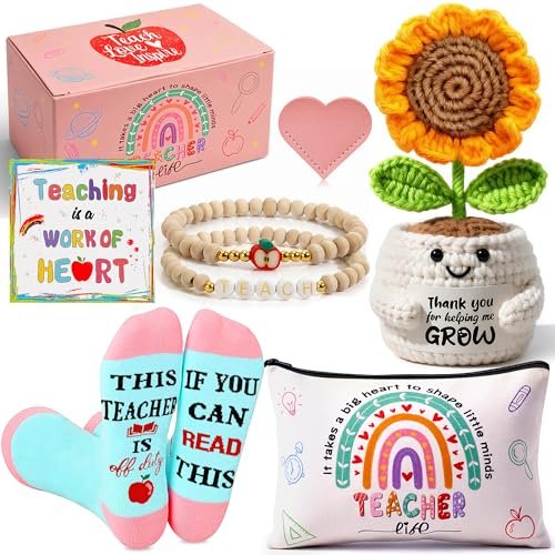 U-Goforst Teacher Appreciation Gifts for Women - 6 Piece Set with Makeup Bag, Crochet Sunflower Bookmark, Bracelet, Socks, and More Avelisse