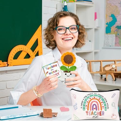 U-Goforst Teacher Appreciation Gifts for Women - 6 Piece Set with Makeup Bag, Crochet Sunflower Bookmark, Bracelet, Socks, and More Avelisse