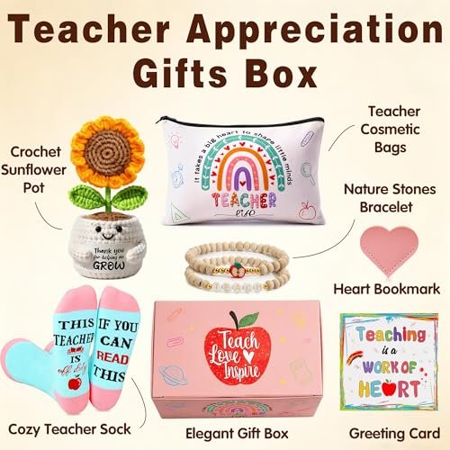 U-Goforst Teacher Appreciation Gifts for Women - 6 Piece Set with Makeup Bag, Crochet Sunflower Bookmark, Bracelet, Socks, and More Avelisse