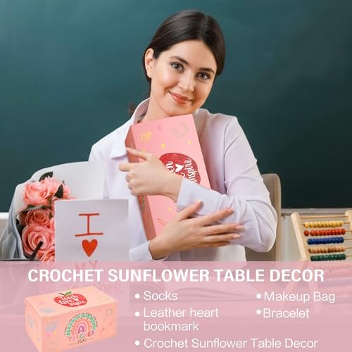 U-Goforst Teacher Appreciation Gifts for Women - 6 Piece Set with Makeup Bag, Crochet Sunflower Bookmark, Bracelet, Socks, and More Avelisse