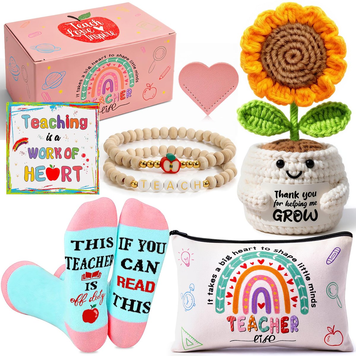 U-Goforst Teacher Appreciation Gifts for Women - 6 Piece Set with Makeup Bag, Crochet Sunflower Bookmark, Bracelet, Socks, and More Avelisse