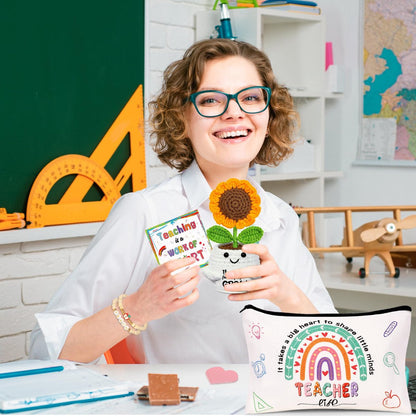 U-Goforst Teacher Appreciation Gifts for Women - 6 Piece Set with Makeup Bag, Crochet Sunflower Bookmark, Bracelet, Socks, and More Avelisse