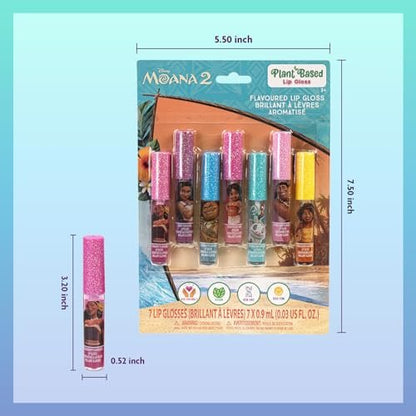 Disney Moana 7 Piece Plant Based Lip Gloss Set – Girls Party Favors, First Makeup for Kids Ages 3+