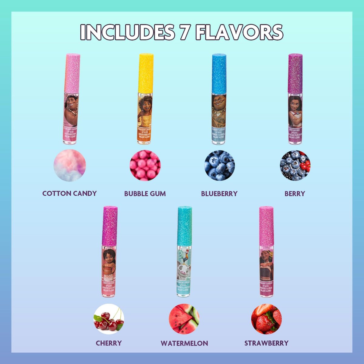 Disney Moana 7 Piece Plant Based Lip Gloss Set – Girls Party Favors, First Makeup for Kids Ages 3+ - görsel 3
