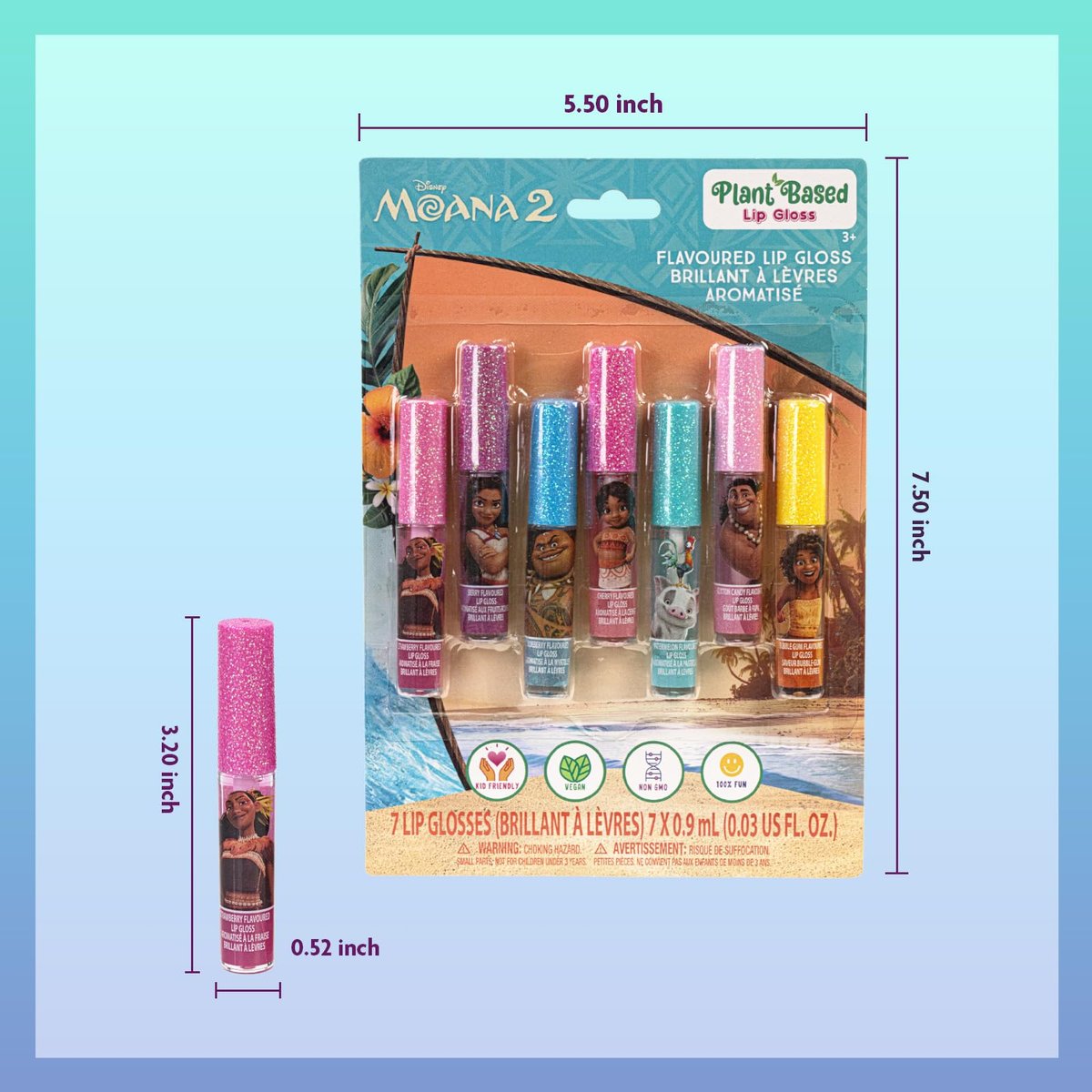 Disney Moana 7 Piece Plant Based Lip Gloss Set – Girls Party Favors, First Makeup for Kids Ages 3+ - görsel 15