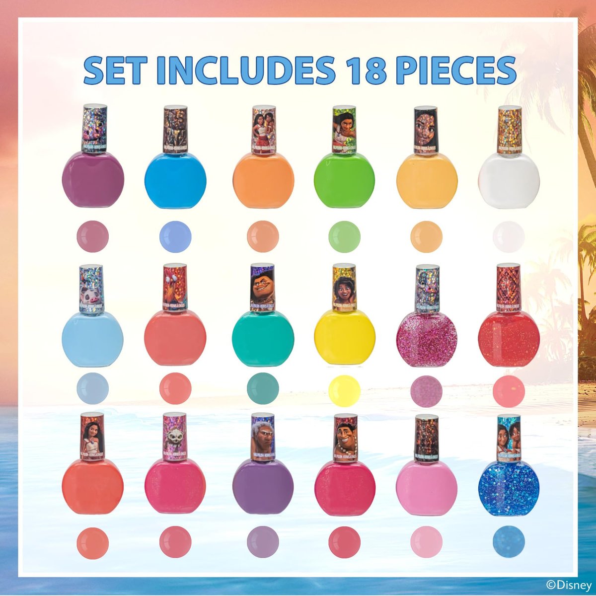 Townley Girl Moana 2 Water-Based Peel Off Nail Polish Set - 18 Glittery Colors for Kids Ages 3+ Avelisse