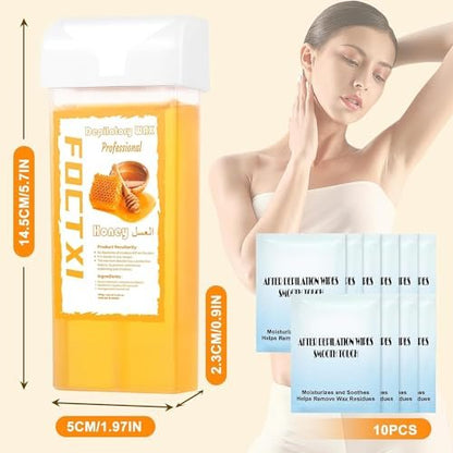 FOCTXI Wax Roller Kit - Roll On Wax for Hair Removal with 4 Honey Wax Cartridges & 10 Cleaning Oil Wipes Avelisse
