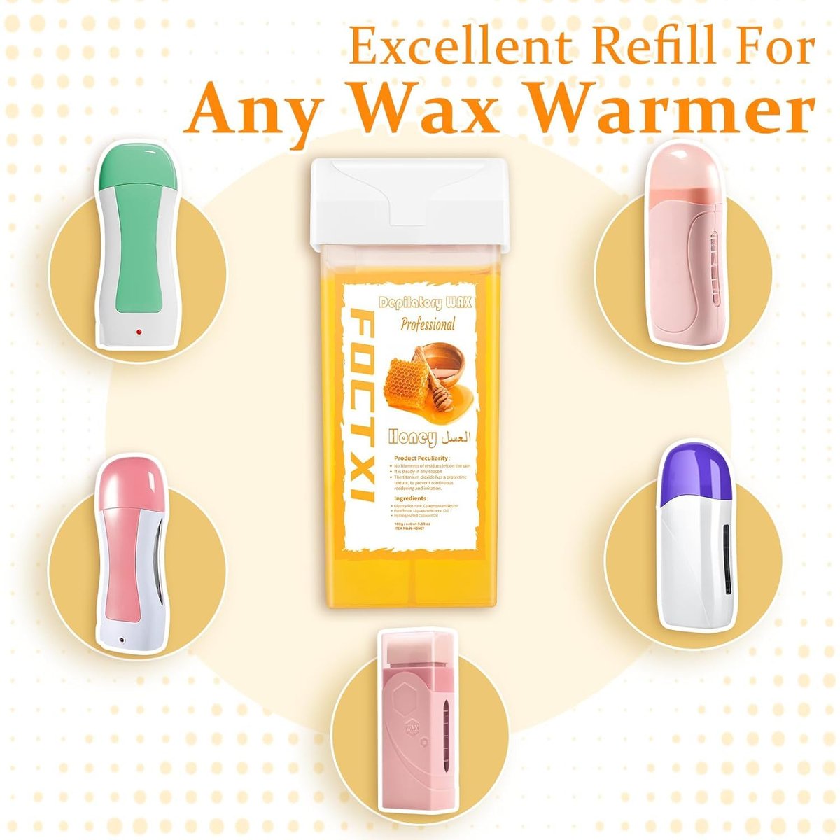FOCTXI Wax Roller Kit - Roll On Wax for Hair Removal with 4 Honey Wax Cartridges & 10 Cleaning Oil Wipes Avelisse